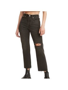 NWT Levi's Wedgie Straight Jeans Distressed Washed Black Raw Hem Size 26 NEW